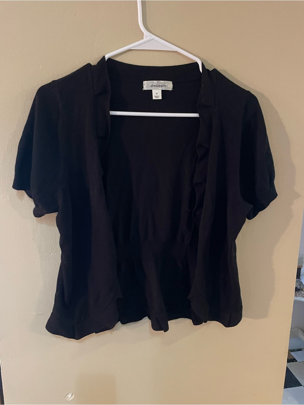 dressbarn Black Short-Sleeve ruffle Open Cardigan